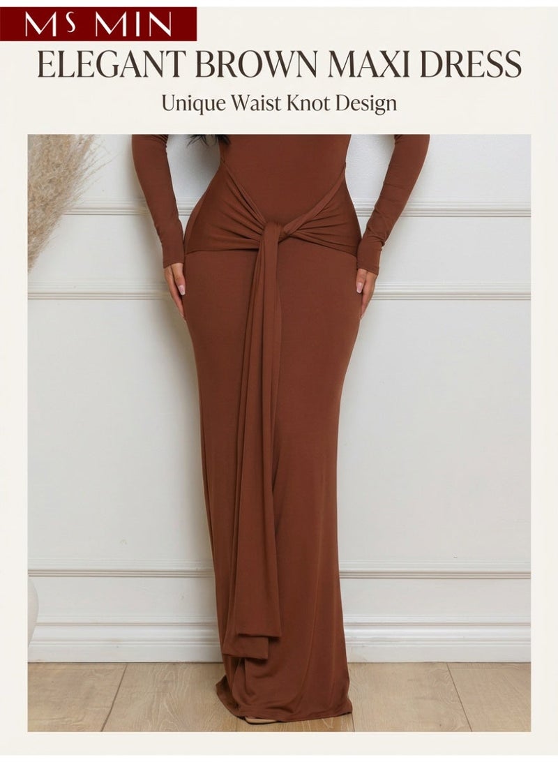 MS MIN Women’s Elegant Long Sleeve Maxi Dress, Solid Color Waist-Fitted Dress with Open Back Design - Image 5